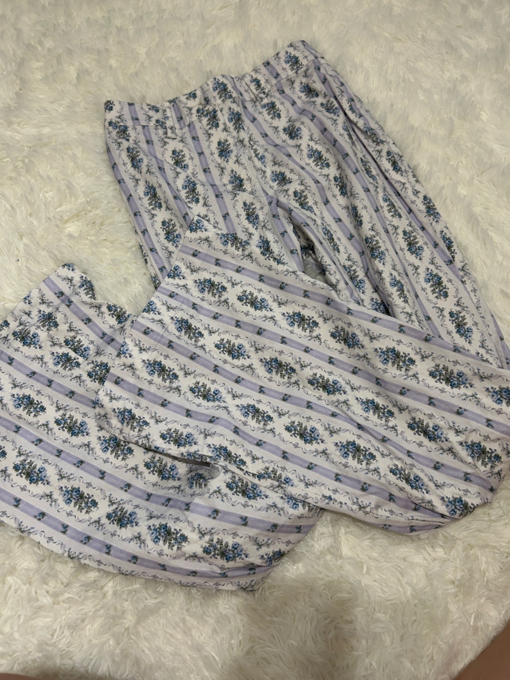 LoveShackFancy Lavender and Blue Floral Stripe Bootcut Pants
